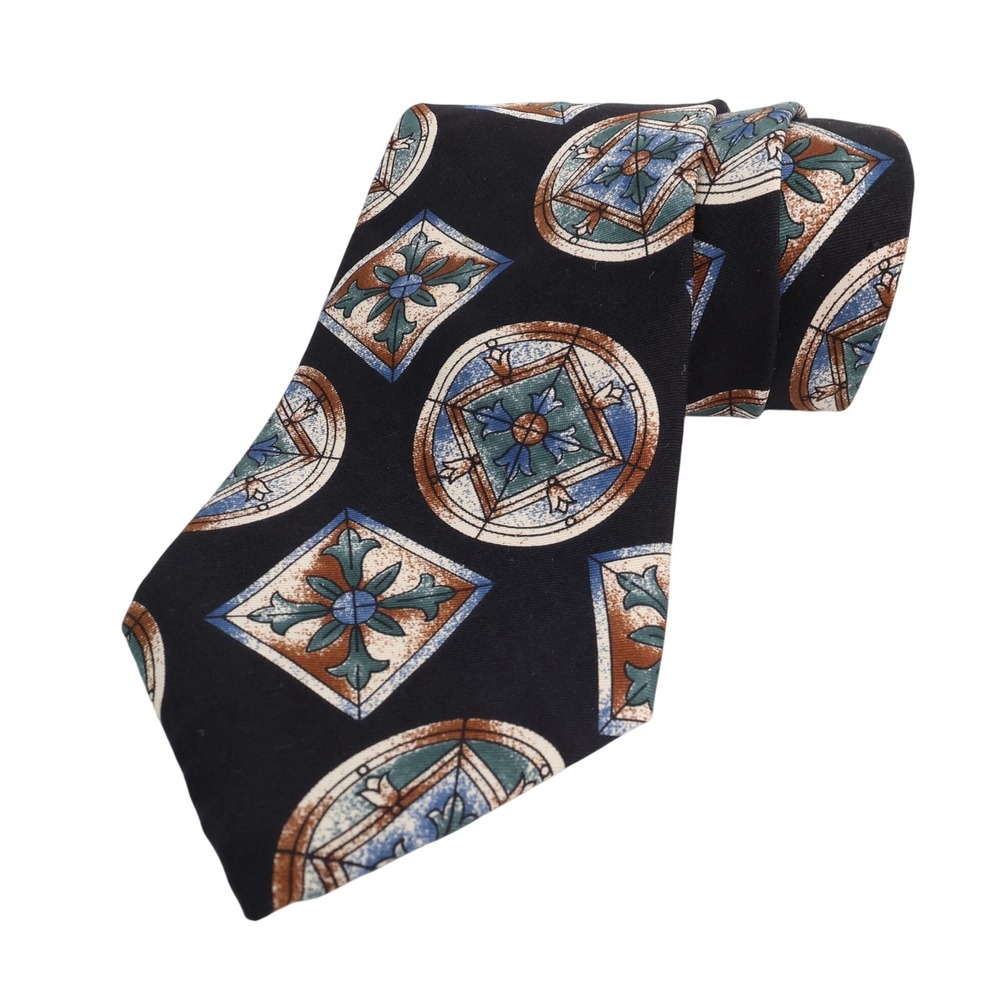 Vintage Oscar de la Renta Black Necktie Geometric Medallion Pattern Elegant Tie